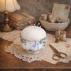 Repurposed Vintage Sugar Dish Pincushion